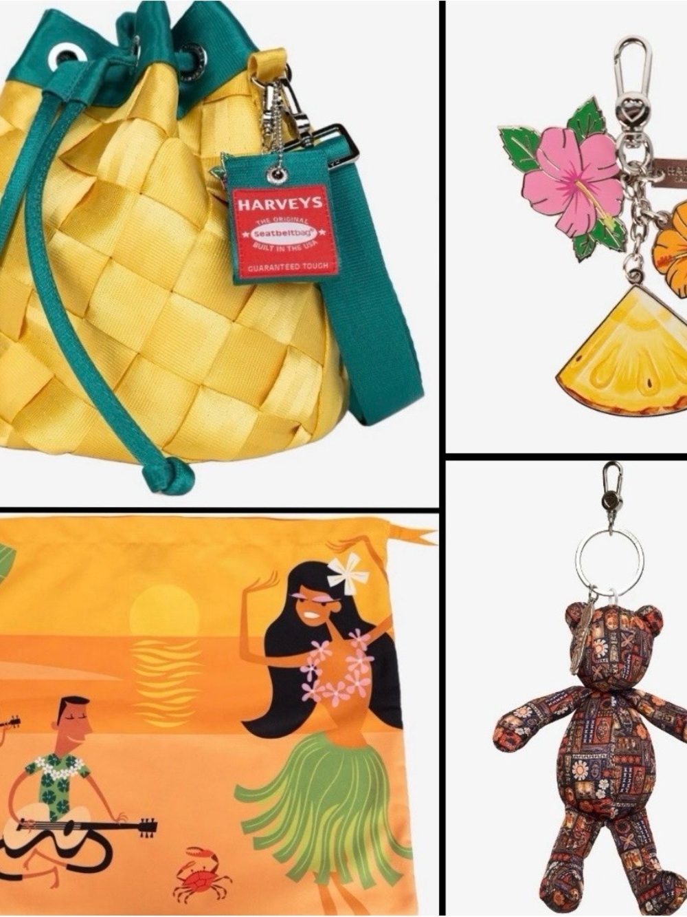 Harveys Pineapple bucket bag, Shag Hula Girl dust bag, Shag Tiki Tapa Cali Bear